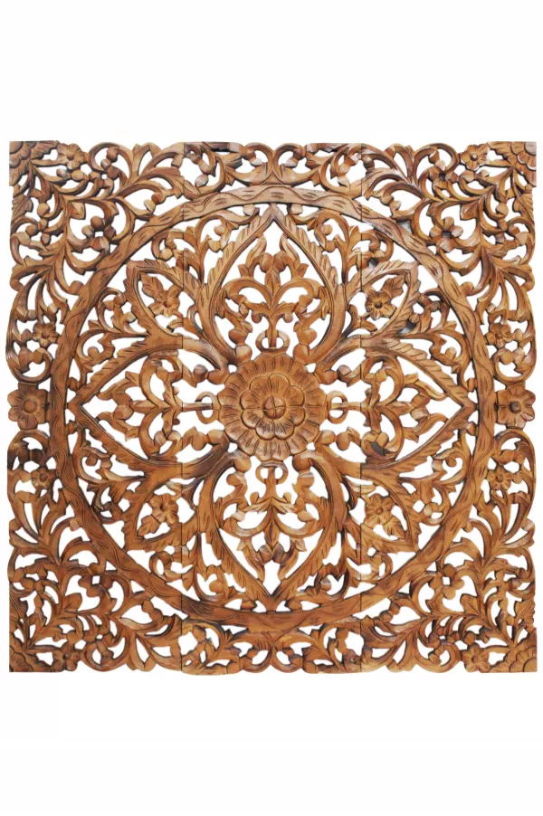 Orientalische Holz Ornament Wanddeko Rajab 90cm Gross XL Vintage Triptychon als Dekoration im Schlafzimmer oder Wohnzimmer 3 teilig Orientalisches Wandbild Wanpannel in Braun als Wanddekoration
