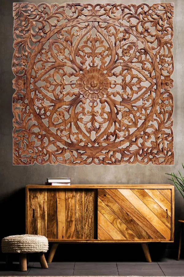 Orientalische Holz Ornament Wanddeko Rajab 90cm Gross XL Vintage Triptychon als Dekoration im Schlafzimmer oder Wohnzimmer 3 teilig Orientalisches Wandbild Wanpannel in Braun als Wanddekoration
