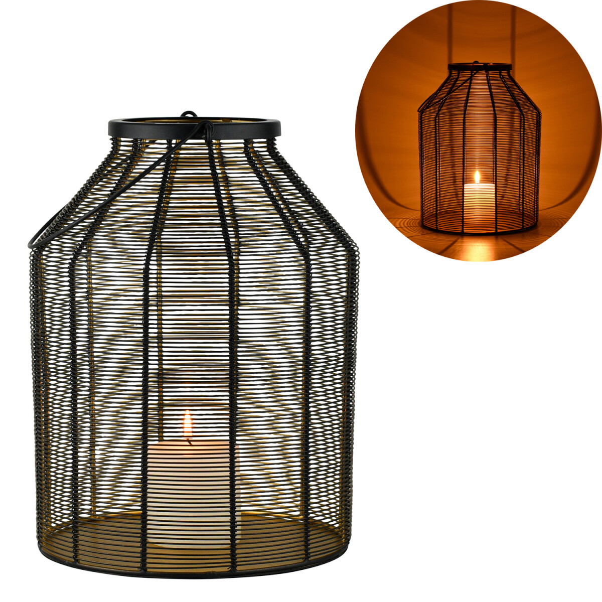 Windlicht Caecilia 33cm, Schwarze Metalllaterne im Gitterdes