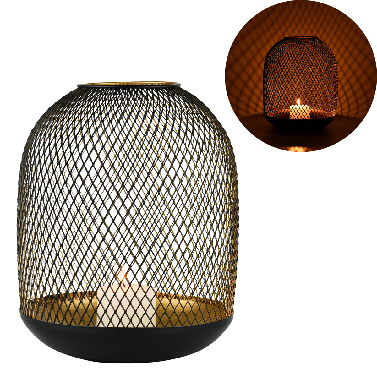 Windlicht Caedmon 33cm, Metalllaterne schwarz-gold im Netzde