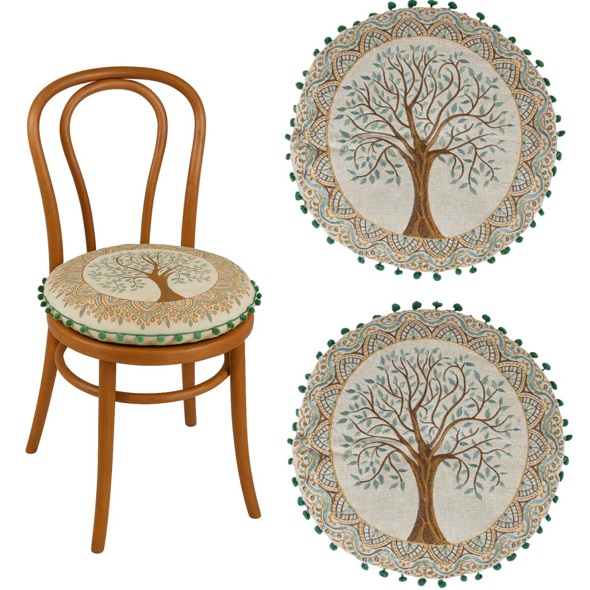 2er Set Rundes Stuhlkissen Guansha Braun Baum des Lebens &Os