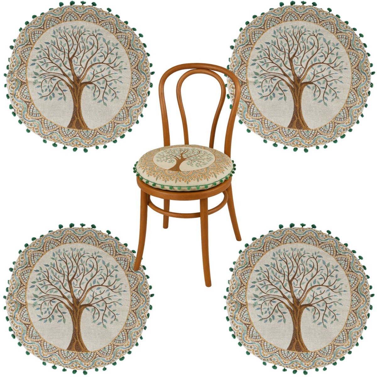 4er Set Rundes Stuhlkissen Guansha Braun Baum des Lebens &Os