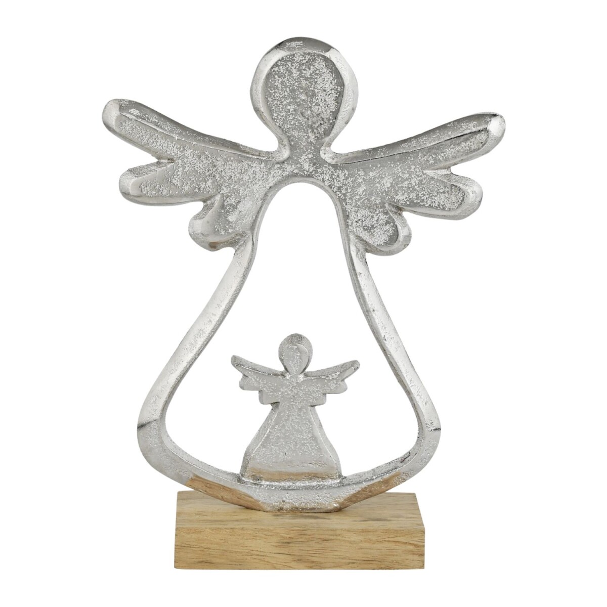 Dekofigur Engel Silber 21cm Aluminium auf Holzsockel Handarb