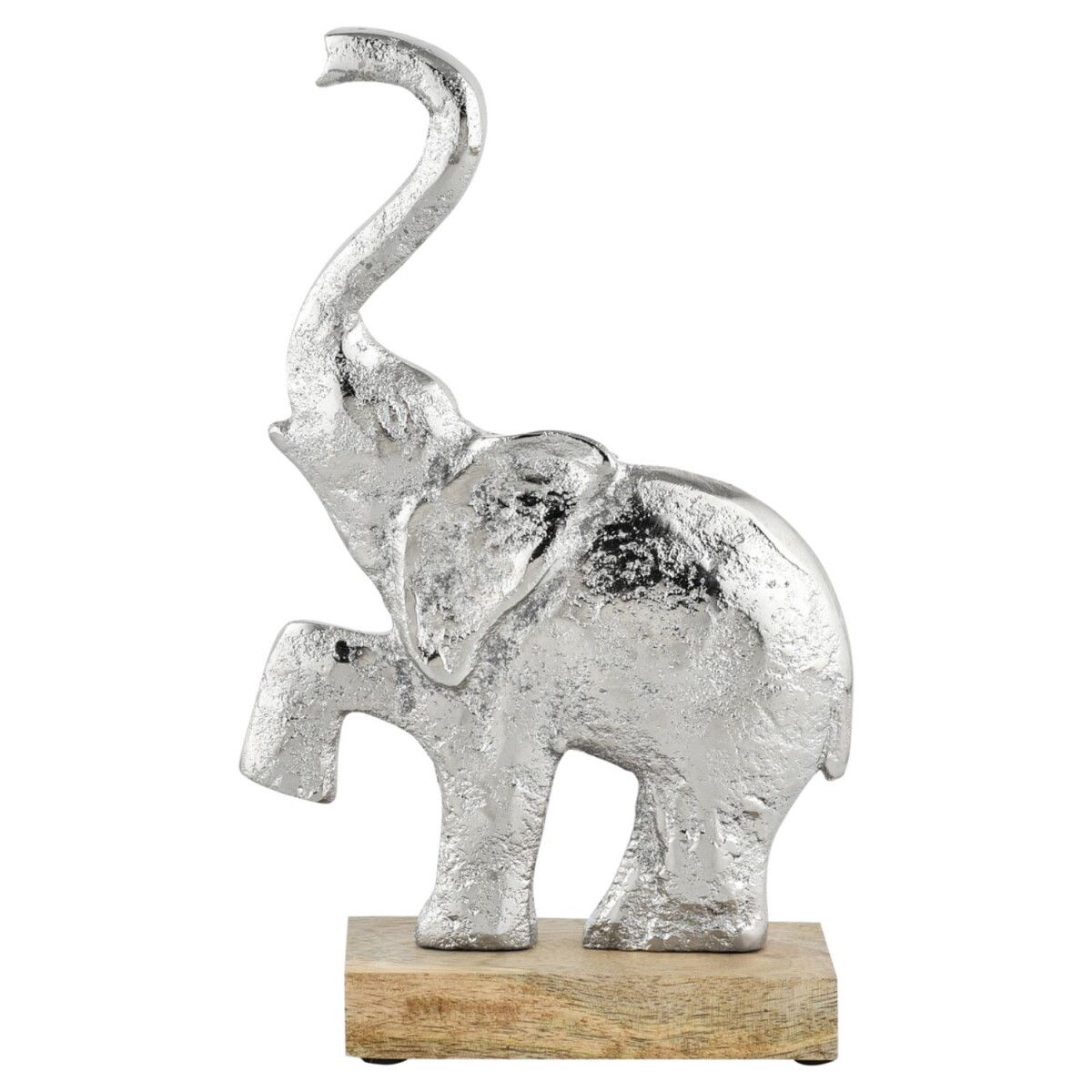 Dekofigur Mumba Elefant Silber Aluminium auf Holzsockel H21c