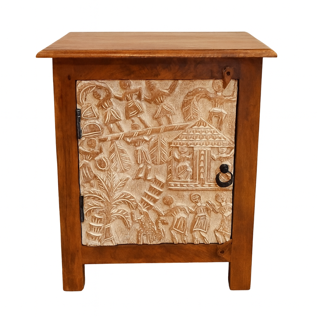 Nachttisch Faten 60cm | Massivholz mit geschnitzter Tür