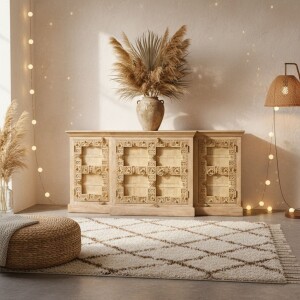 Buffet Pooja en bois massif sculpté à la...