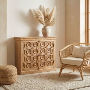 Commode Saho marron en bois massif sculptée...