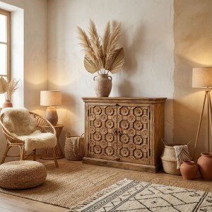 Commode Saho en bois massif, couleur brun foncé,...