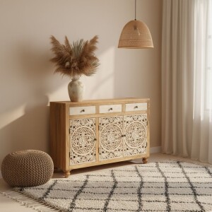 Buffet Svetha en bois massif sculpté à la...