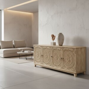 Buffet Thambi en bois massif sculpté à la...