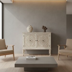 Commode Vanaja en bois massif sculptée à la...