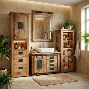 Meuble sous-vasque EFGH Industrial Vintage en bois massif...