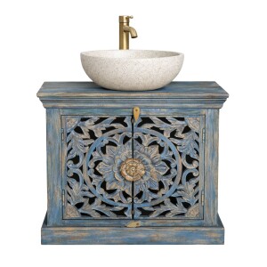 Meuble sous-vasque Kirpal bleu oriental en bois massif 66 cm