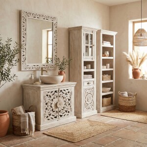 Miroir mural Kirpal blanc, style oriental, en bois...