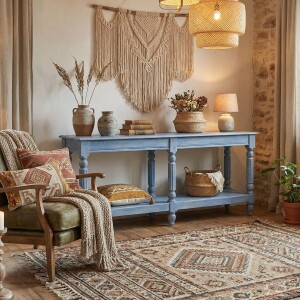 Buffet William bleu 180 cm en bois massif, style colonial